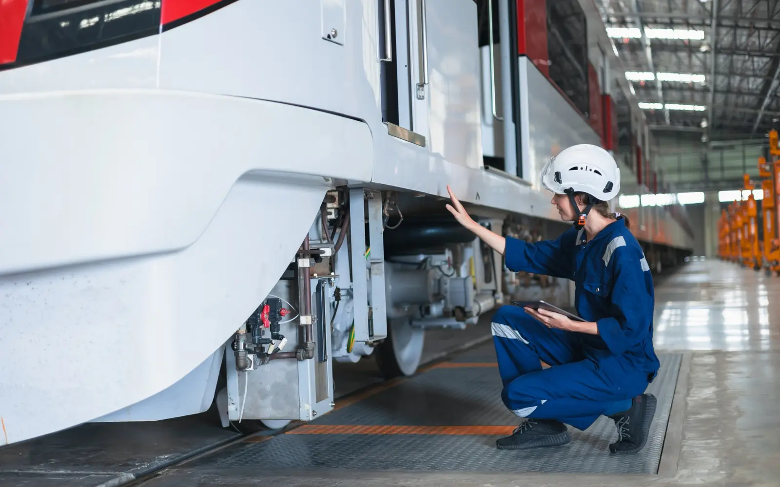 Railway engineer inspecting a train in a maintenance facility