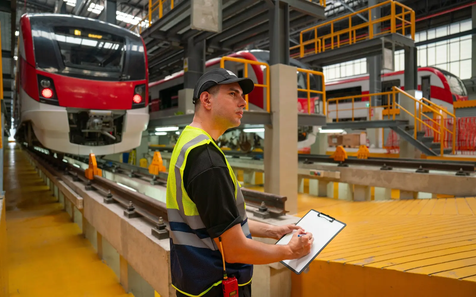 Railway maintenance engineer working in a modern train depot